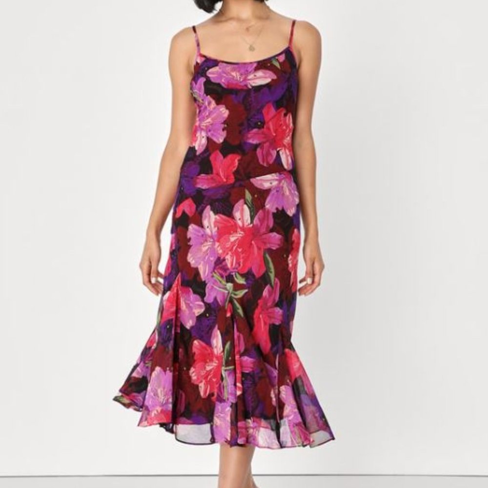 WORN ONCE - Lulus Burgundy Multi Floral Print Slip Midi Dress, Size Large